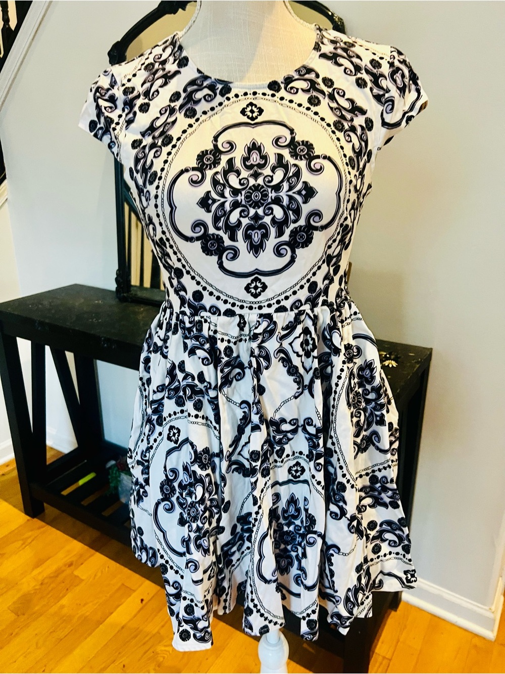 Lulu's White and Black Medallion Fit-and-Flare Dress